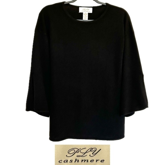 Ply Cashmere 100% Cashmere Crew Neck Sweater with 3/4 Bell Slit Sleeve Black Med - Picture 3 of 12
